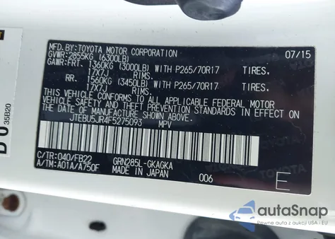 2015 Toyota 4Runner Sr5 из США, поврежденный, VIN JTEBU5JR4F5275093